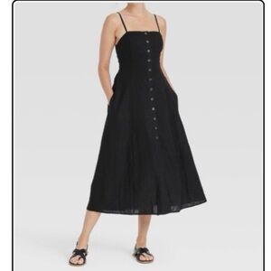 Universal Threads - adjustable spaghetti strap button down black linen dress. L